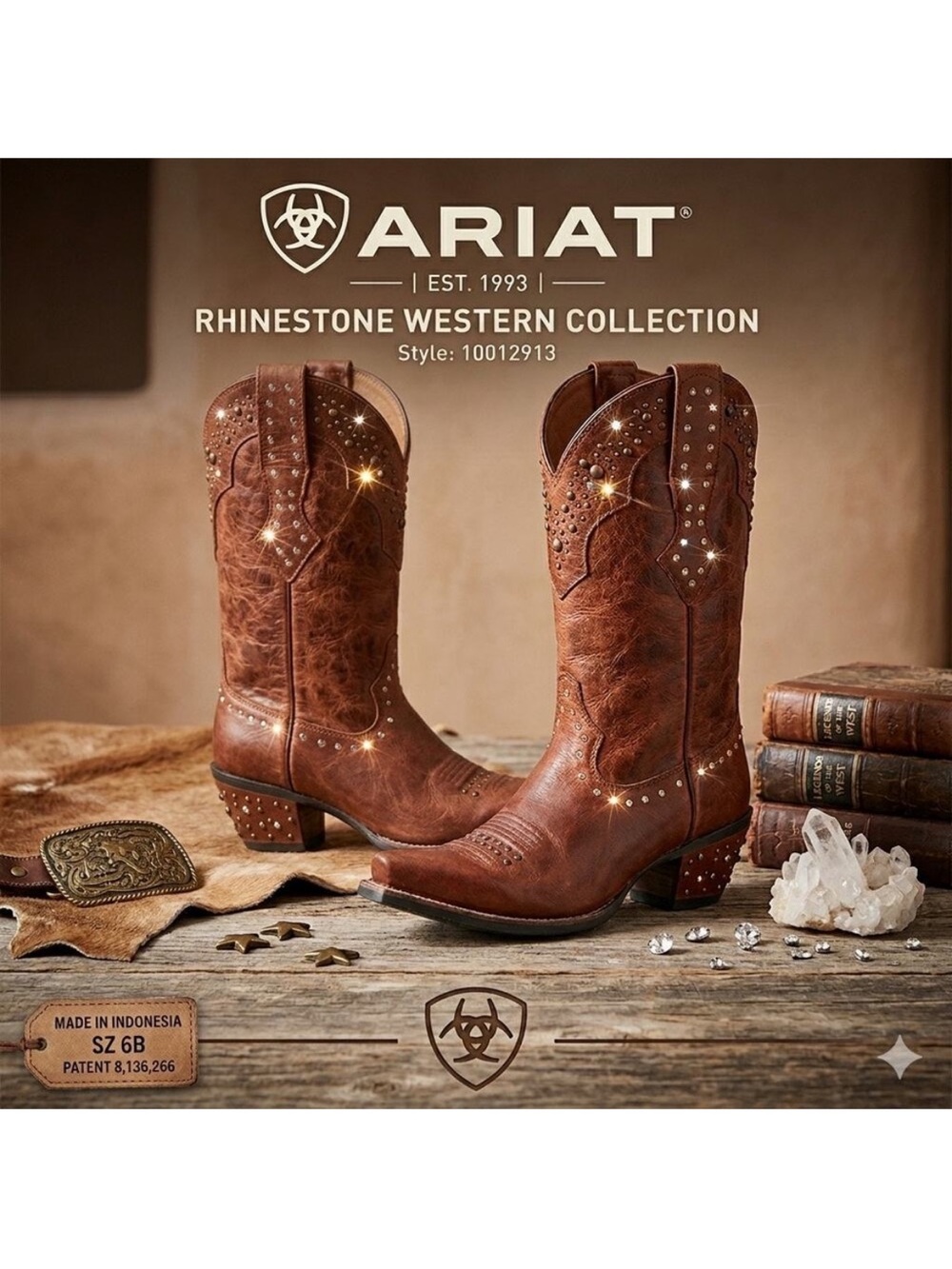 Ariat Brown Rhinestone Western Cowboy Boots in British Tan • Sz 7